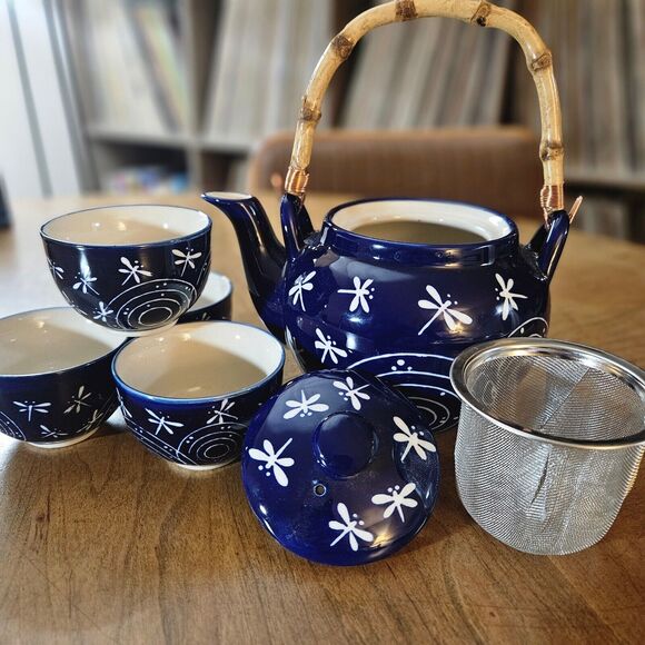 Dragonfly Teapot Set MIRA DESIGNS by FMC 4 cups tea/teapot set Navy Blue White - Picture 4 of 10